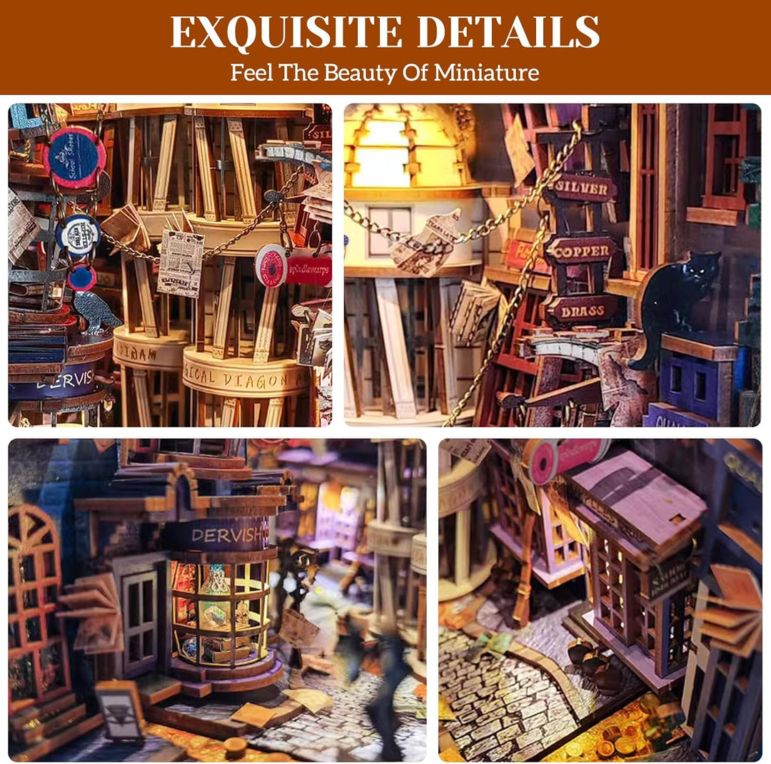 RONSTONE Book Nook- DIY Booknook Kit Miniatur Puppenhäuser mit Staubschutzhülle und LED Licht - Magi