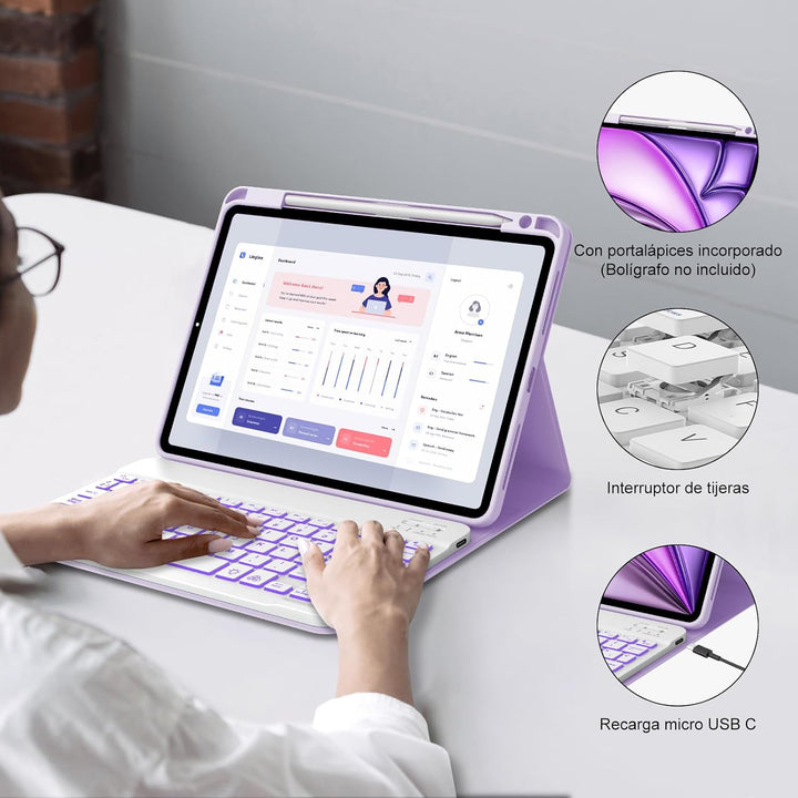 Tastatur für iPad Air 11 M2/M3 2024/2025, Hülle mit spanischem Ñ, Bluetooth-Tastatur mit Hintergrund