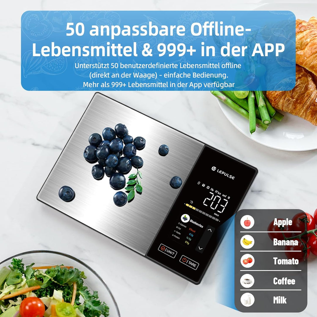 Digitale Küchenwaage mit Nährwertberechnung, Lebensmittelwaage mit 24 Nährwertanalyse, 5kg Edelstahl
