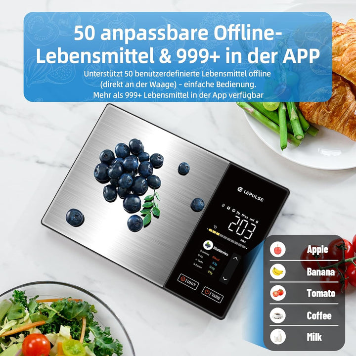 Digitale Küchenwaage mit Nährwertberechnung, Lebensmittelwaage mit 24 Nährwertanalyse, 5kg Edelstahl
