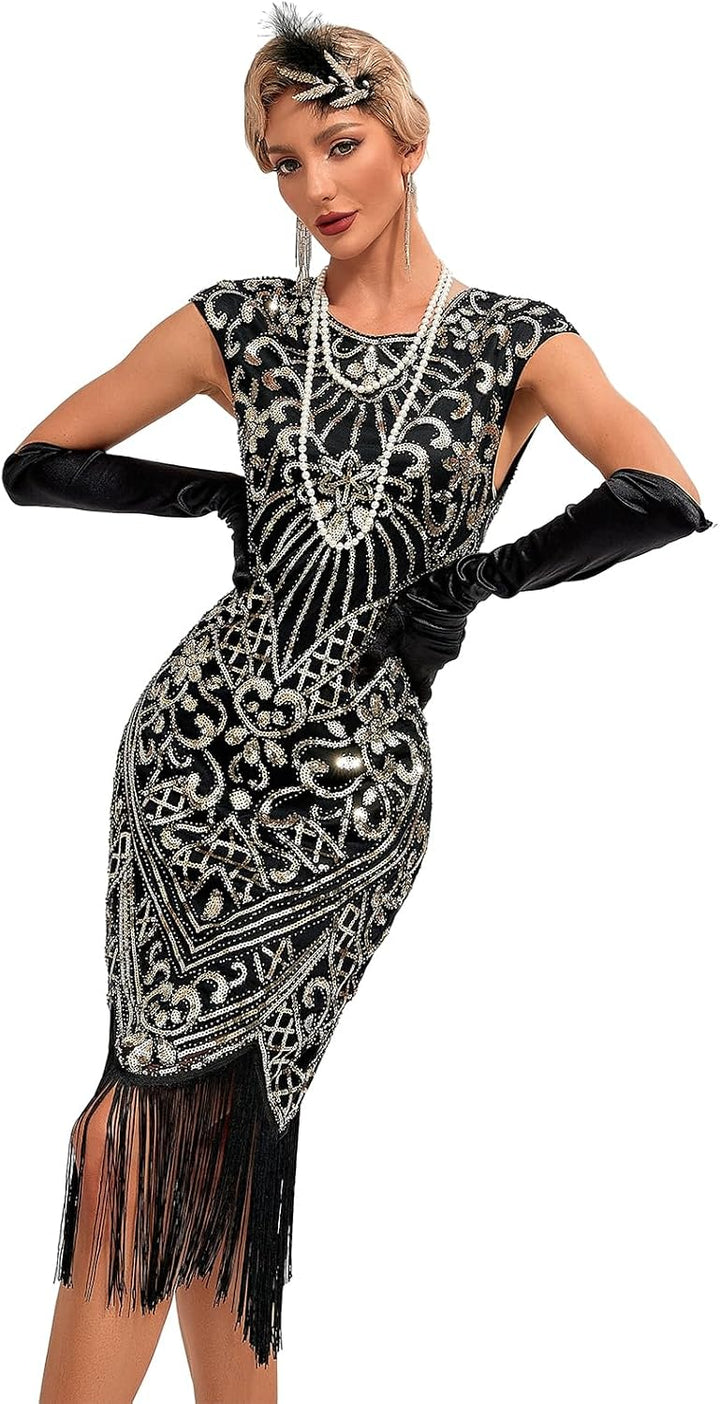 VILOREE 1920s Kleid Damen Flapper Charleston Kleid Gatsby Pailletten Cocktail Abschlussballkleid Par