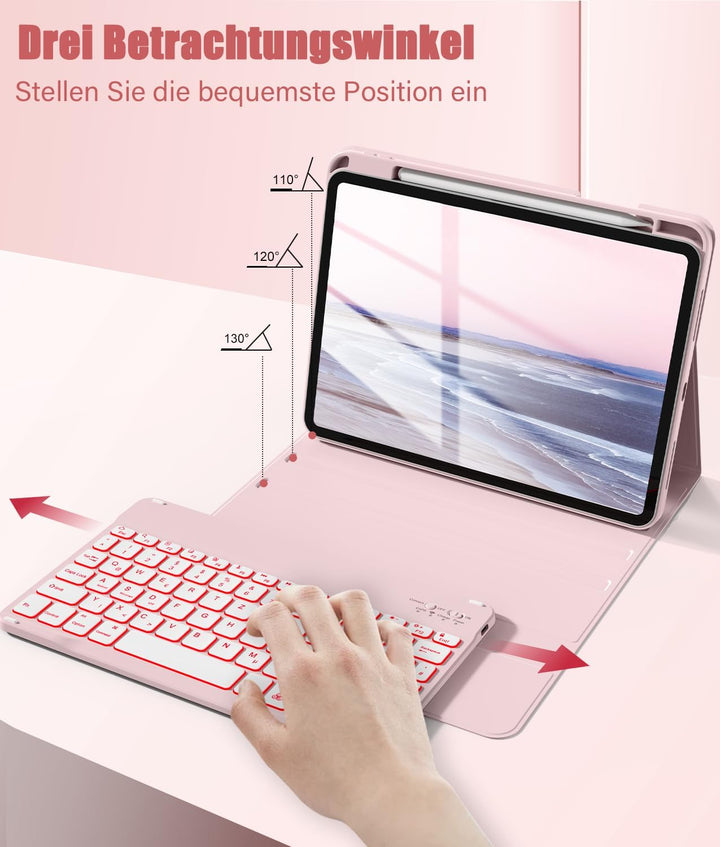 Hülle mit Tastatur für iPad A16 11/10 Generation (2025/2022, 11/10.9 Zoll) 7-Farben Beleuchtung Magn