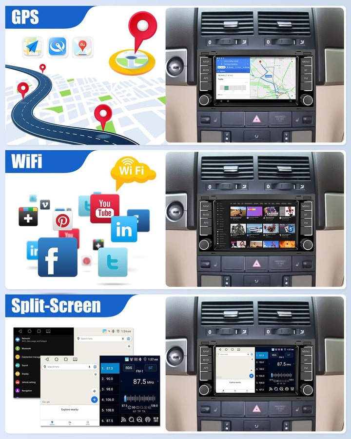 CAMECHO 4G+64G Android 15 Autoradio für VW Touareg Transporter T5 Multivan 2004-2011 mit Navi Carpla