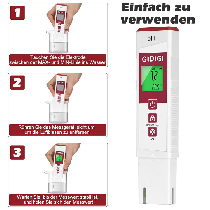 Digitales pH Messgerät für Wasser mit Farbdisplay, pH-Tester für Pools, Professioneller pH Level Tes