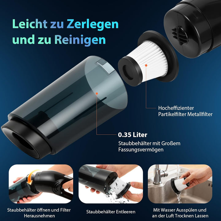 Handstaubsauger Akku Kabellos, 25000pa Auto Staubsauger Stark mit Bürstenloser Motor, 4-in-1Mini Sta
