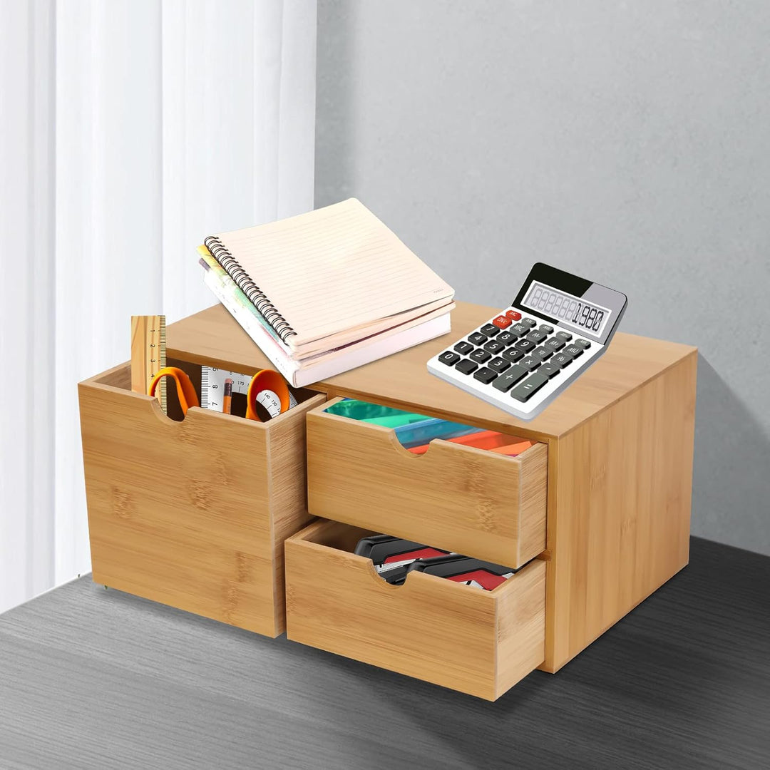 Natur Schreibtisch Organizer, Ablage Büroorganizer mit 3 Schubladen für Büroutensilien, Bambus Schub