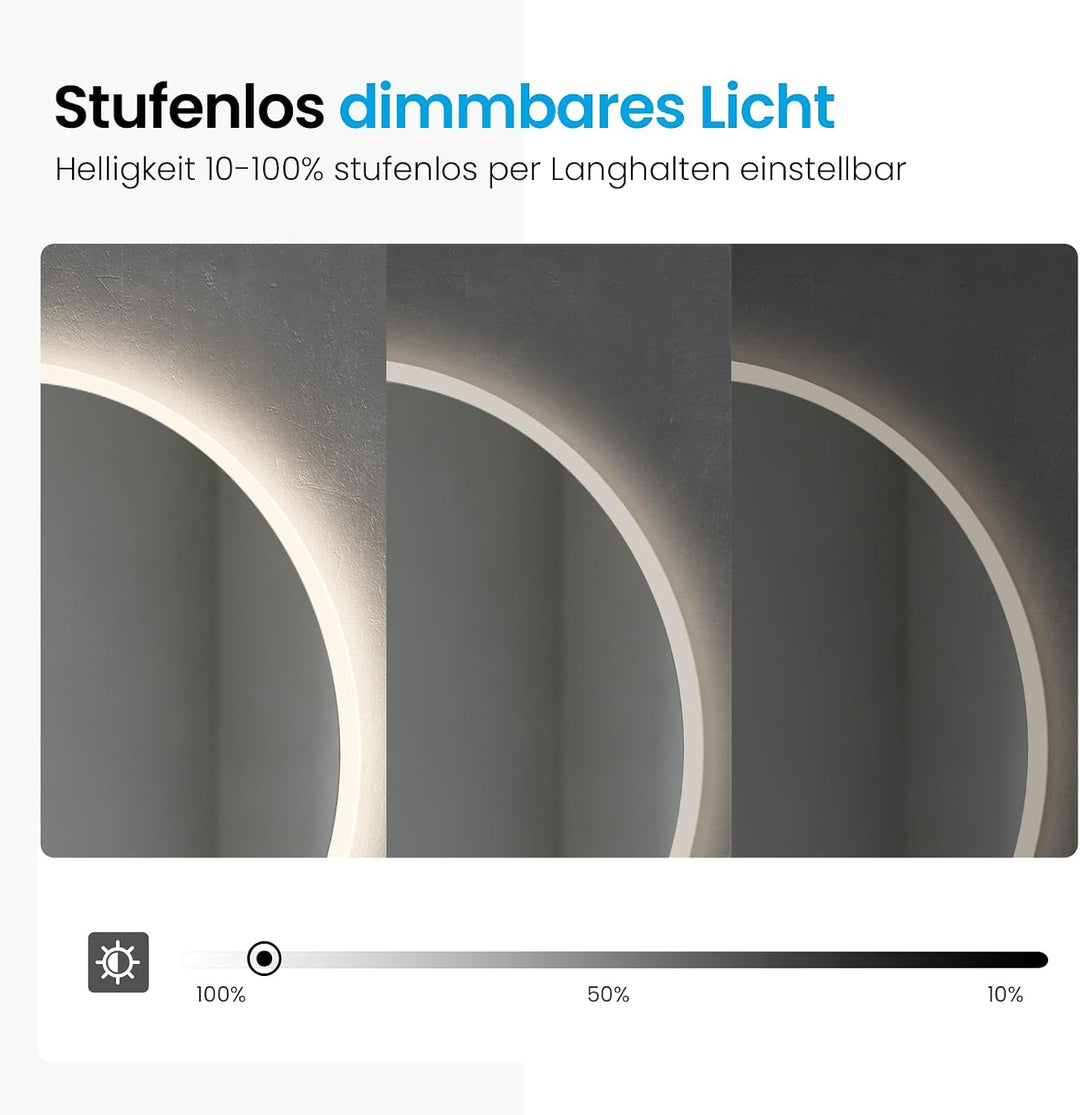 Heilmetz Badspiegel mit Beleuchtung Rund 70cm, LED Badezimmerspiegel mit Uhr, Antibeschlag, Touch, 4