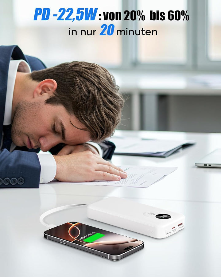 30000mAh Power Bank mit integriertem Kabel: Externer Akku mit 22,5 W Schnellladung und grosser Kapaz
