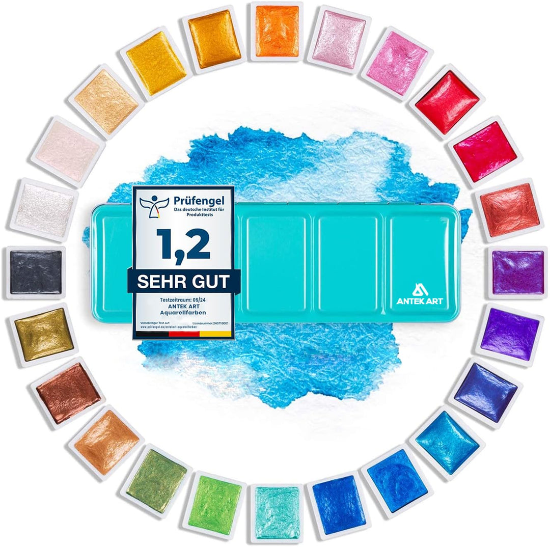 Aquarellfarben Set [24x Metallic Glitzerfarben] – Aquarell Set unterwegs im Metallkoffer inkl. Misch