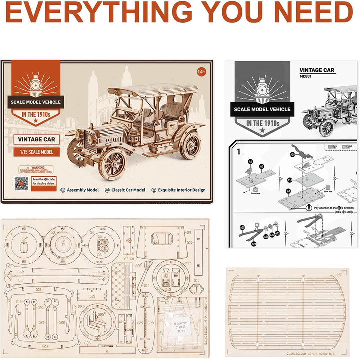 ROBOTIME 3D Puzzle Oldtimer Auto Modellbau aus Holz | DIY Holzpuzzle Modellbausatz Bastelsets Gesche