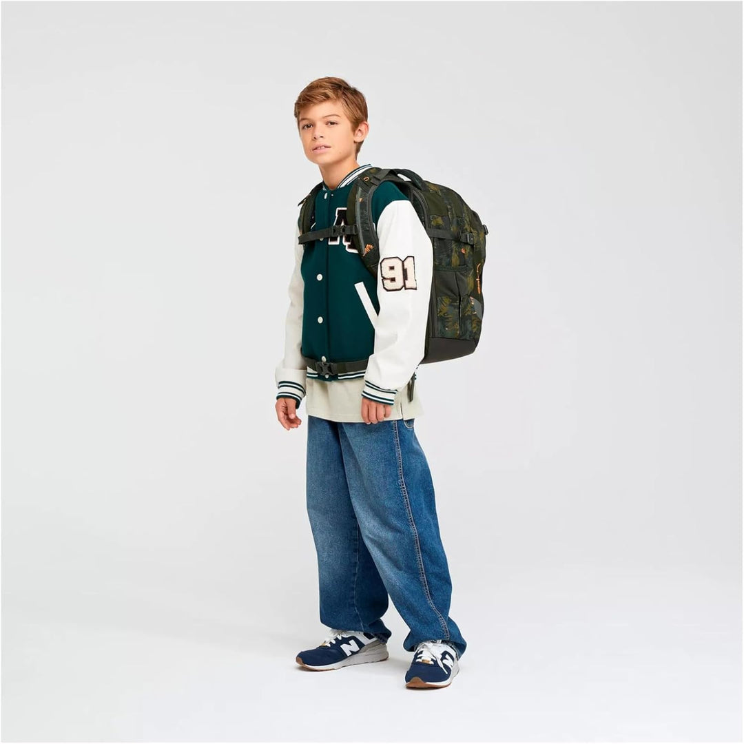 satch match Schulrucksack ergonomisch, erweiterbar auf 35 Liter, extra Fronttasche Jurassic Jungle -