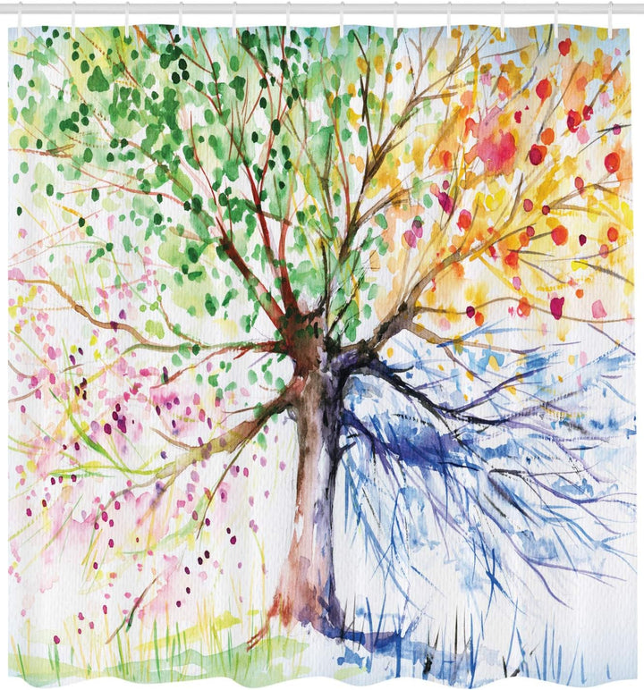 ABAKUHAUS Aquarell Duschvorhang, 4 Jahreszeiten Bunte, Stoffliches Gewebe Badezimmerdekorationsset m