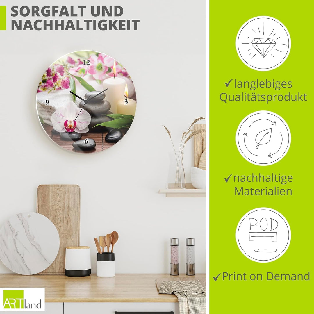 ARTLAND Wanduhr ohne Tickgeräusche Glas Quarzuhr Ø 30 cm Rund Lautlos Zen Steine Orchideen Blumenmot