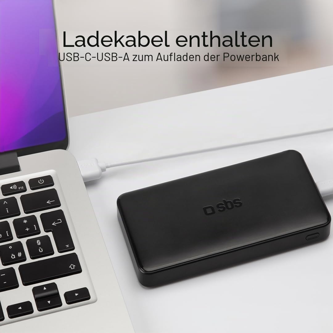 SBS Power Bank Ladegerät 20000 mAh, 1 x 10W USB-A Port und 1 x 5W, 1 x 10W USB-C, schlank, leicht, l