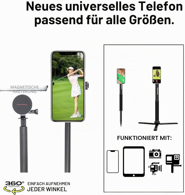 PrecisionMaster Golf Stativ Einbeinstativ, Magnetischer Golf-Filmstab, 135cm Verstellbares Aluminium