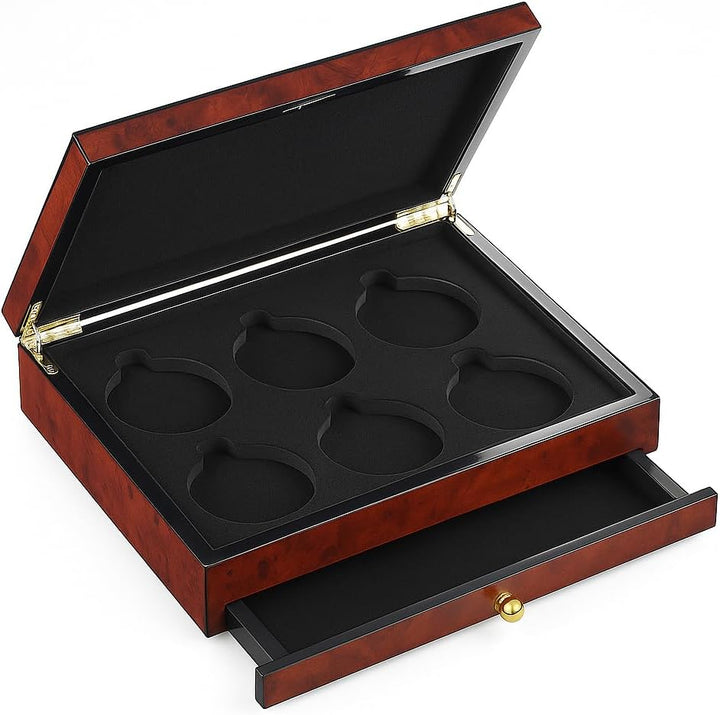 SELVA Taschenuhr-Schatulle für 6 Uhren, Gehäuse in hochglänzender Ulmenholz-Optik, Schublade mit Mag
