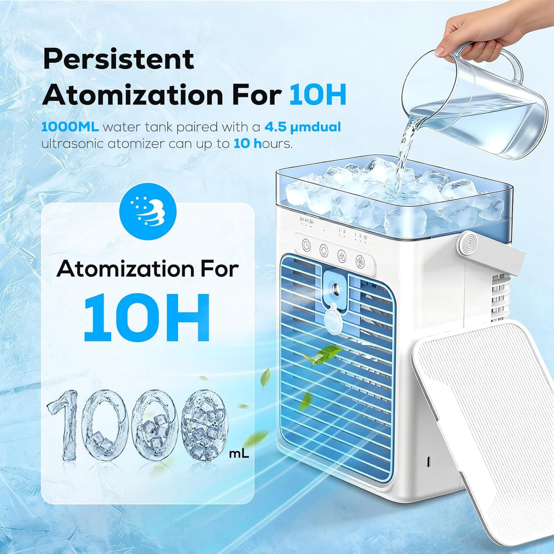 Tragbares Klimagerät, 3-in-1 Verdunstungskühler mit 3 Geschwindigkeiten &amp; 2 Nebelmodi, 1000ml Mini K