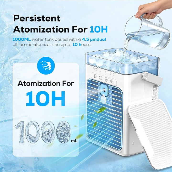 Tragbares Klimagerät, 3-in-1 Verdunstungskühler mit 3 Geschwindigkeiten &amp; 2 Nebelmodi, 1000ml Mini K