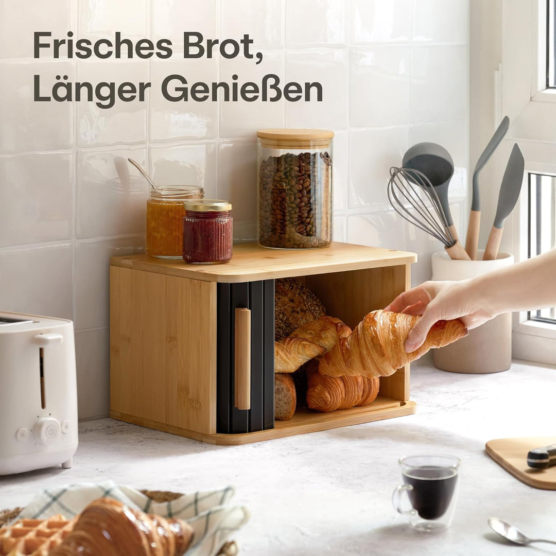 Praknu Brotkasten klein aus FSC® Holz mit Schiebetür - Brotaufbewahrung 33x23cm - Platzsparend und s