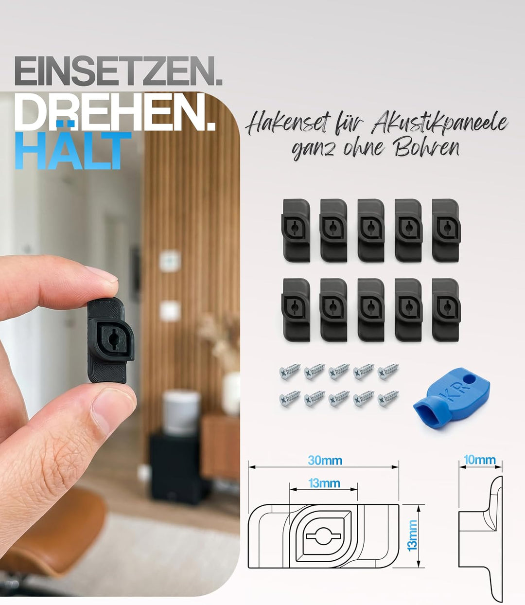 Akustikpaneele Zubehör [20er Set] – Ohne Bohren, verschiebbar, keine Rückstände – 13mm Spalt – Haken