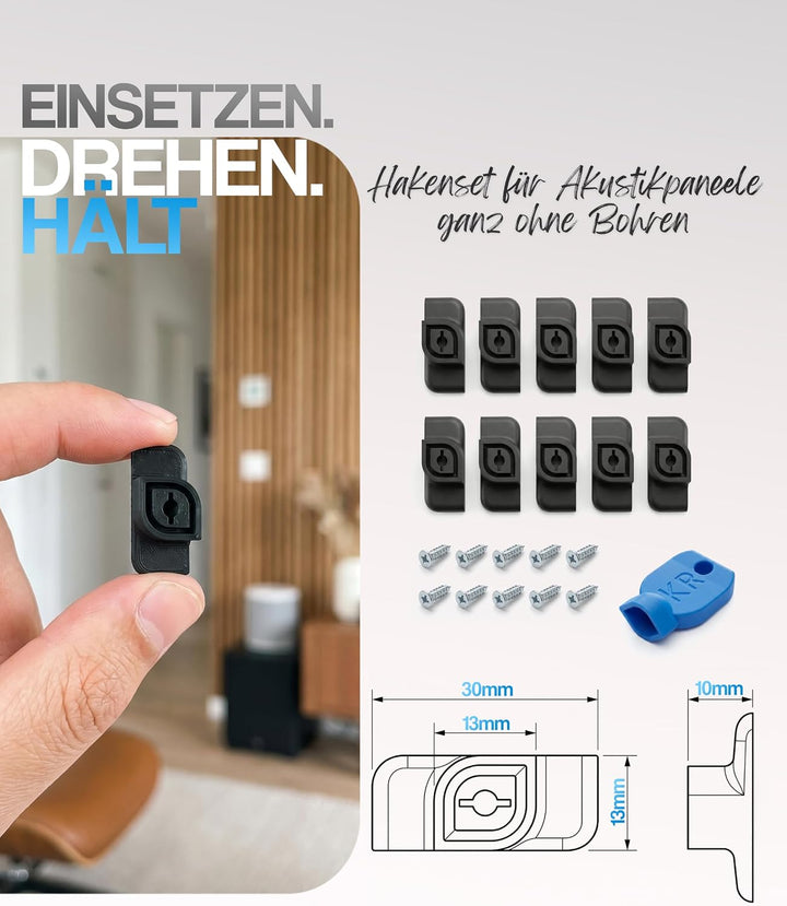 Akustikpaneele Zubehör [20er Set] – Ohne Bohren, verschiebbar, keine Rückstände – 13mm Spalt – Haken