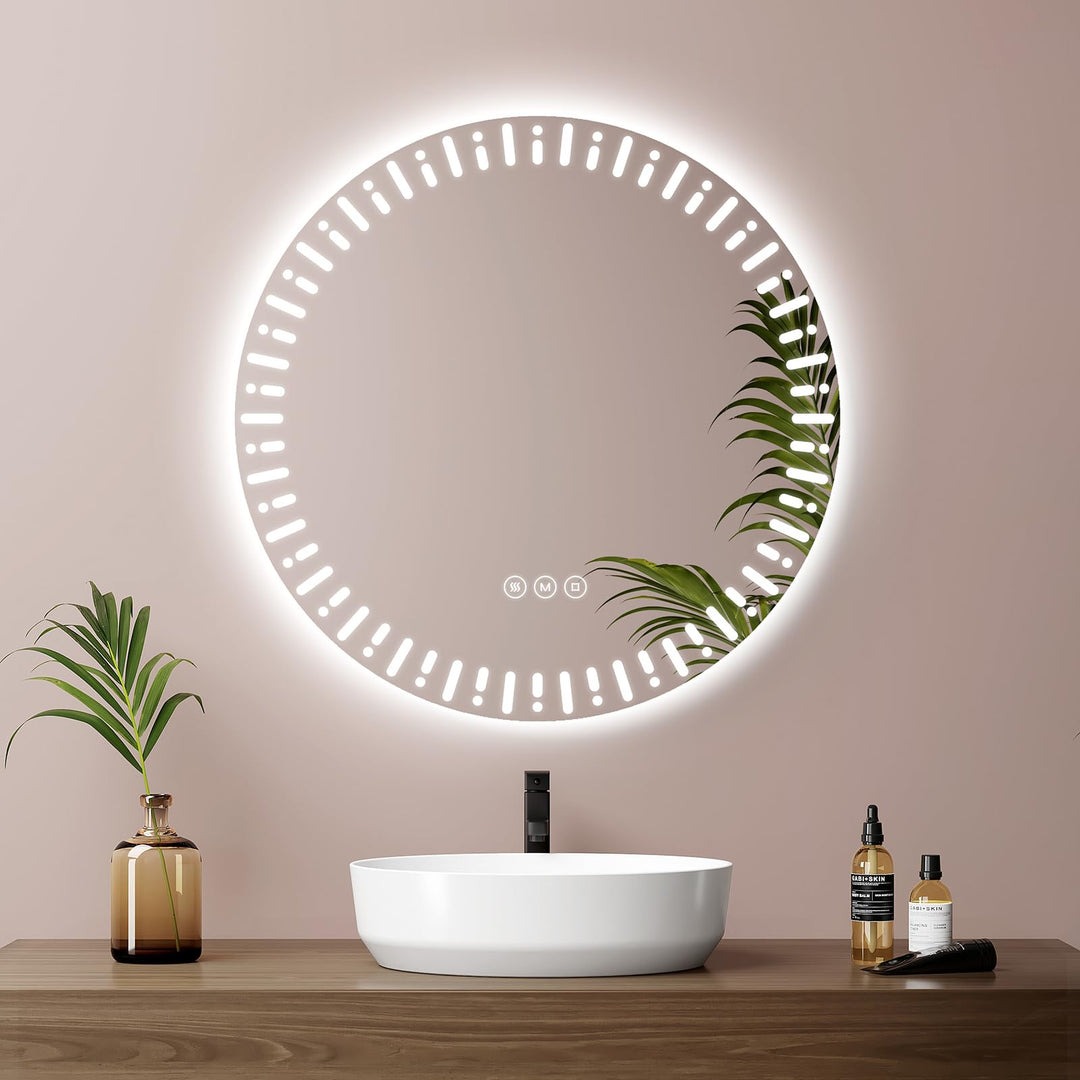 EMKE Badspiegel mit Beleuchtung Rund 50cm Badezimmerspiegel mit 3 Lichtfarben dimmbar, Antibeschlag,