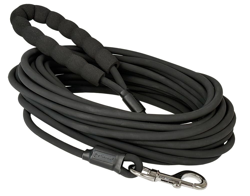 Petlando Hundeleine Trekking Rund 10 m Schwarz mit Griff, Schleppleine extrem robust & Abriebfest, p