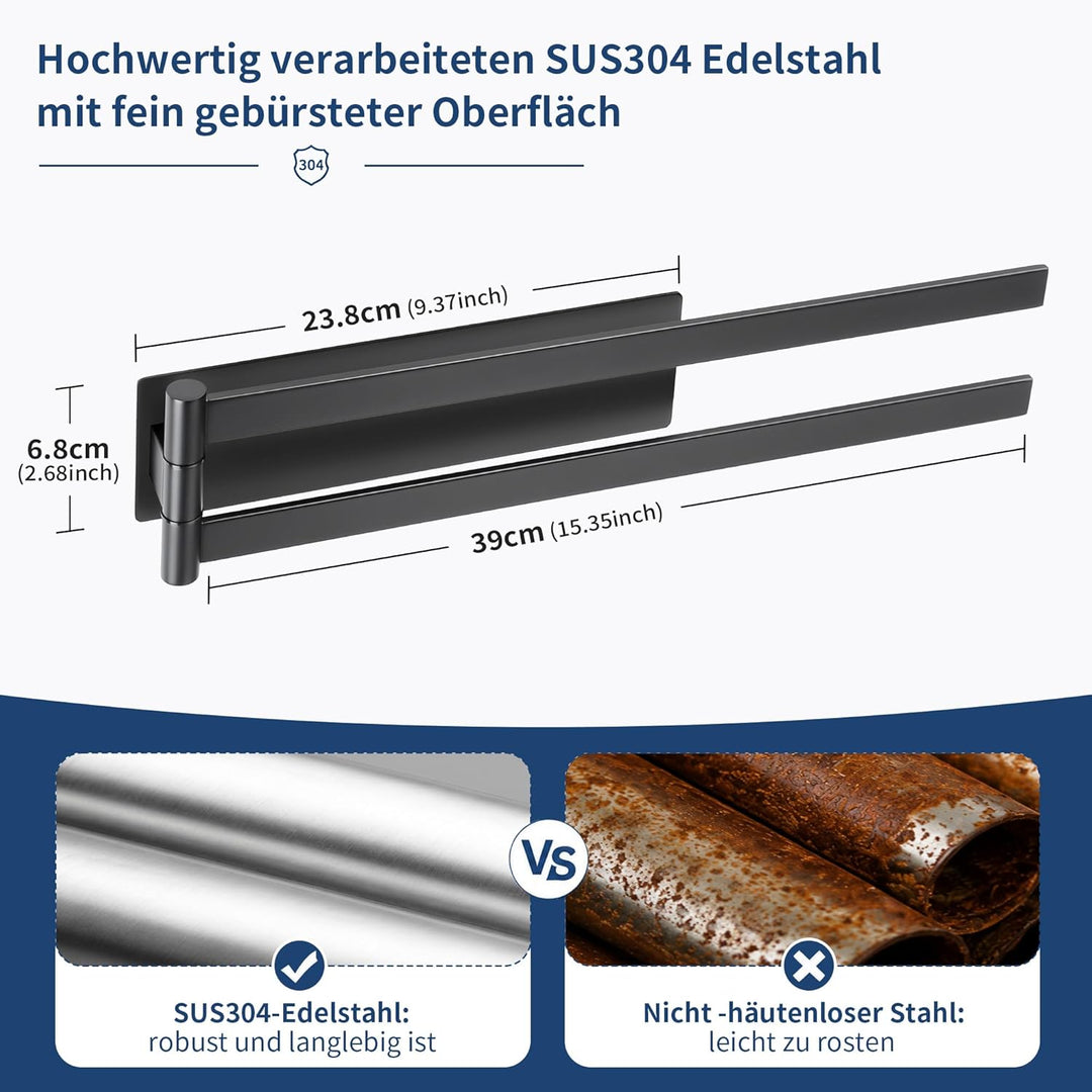 Gsocel Handtuchhalter Ohne Bohren, Schwarz matt Handtuchstange 180° Schwenkbar Zweiarmig für Bad Küc