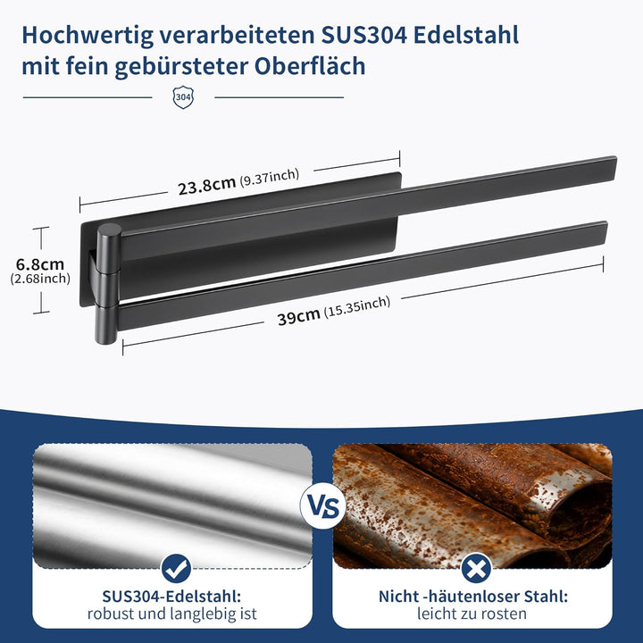Gsocel Handtuchhalter Ohne Bohren, Schwarz matt Handtuchstange 180° Schwenkbar Zweiarmig für Bad Küc