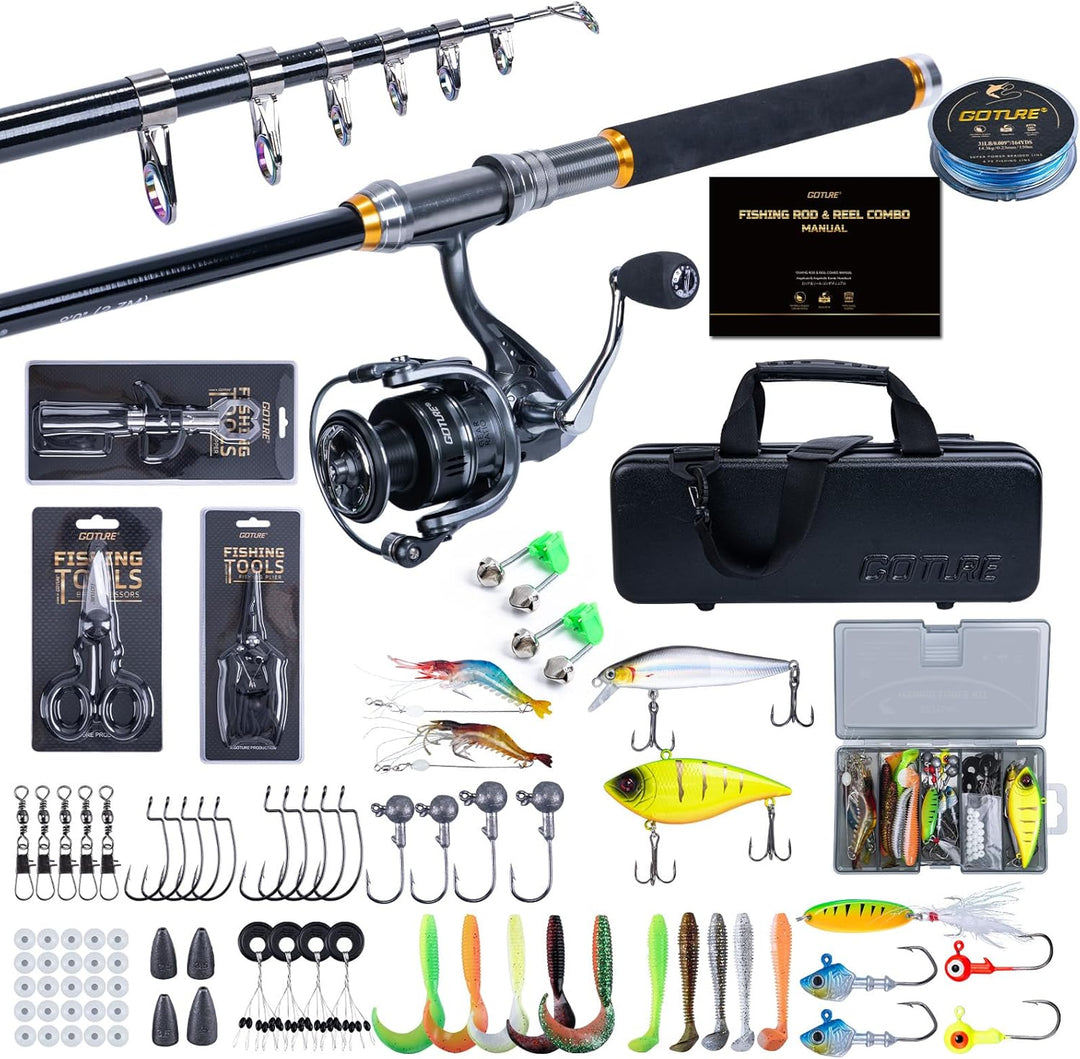 Goture Angelset Komplett (24T Carbon), Teleskop-Brandungsrute aus Kohlefaser & Spinnrolle mit 9+1 ge