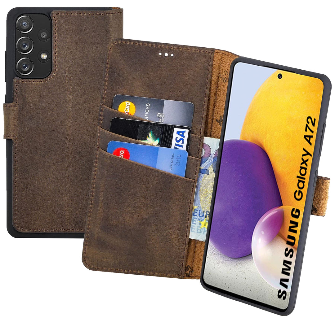 Suncase Book-Style Hülle kompatibel mit Samsung Galaxy A72 Leder Tasche (Slim-Fit) Lederhülle Handyt
