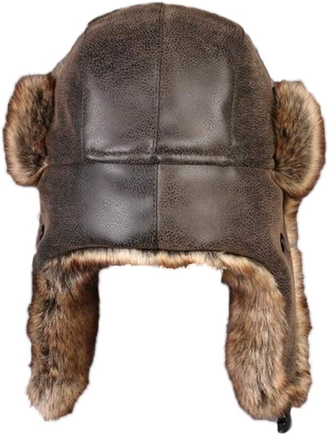 Unisex Wintermütze Fliegermütze Trappermütze mit Kunstleder Fellmütze Herren Russenmütze, Braun