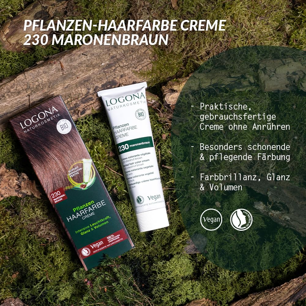 LOGONA Naturkosmetik Pflanzen-Haarfarbe Creme - Maronenbraun - 150 ml - intensive Leuchtkraft, Glanz