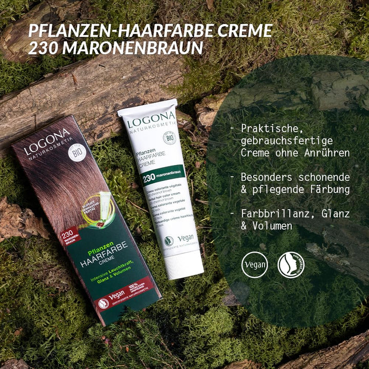 LOGONA Naturkosmetik Pflanzen-Haarfarbe Creme - Maronenbraun - 150 ml - intensive Leuchtkraft, Glanz