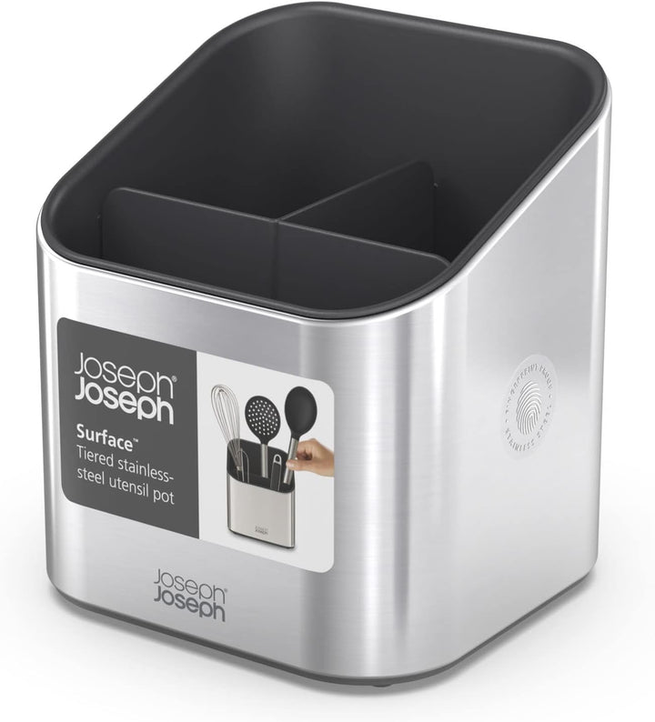 Joseph Joseph Surface Utensilienhalter aus Edelstahl, mit Rutschfest Füssen und Trennwand, fingerabd