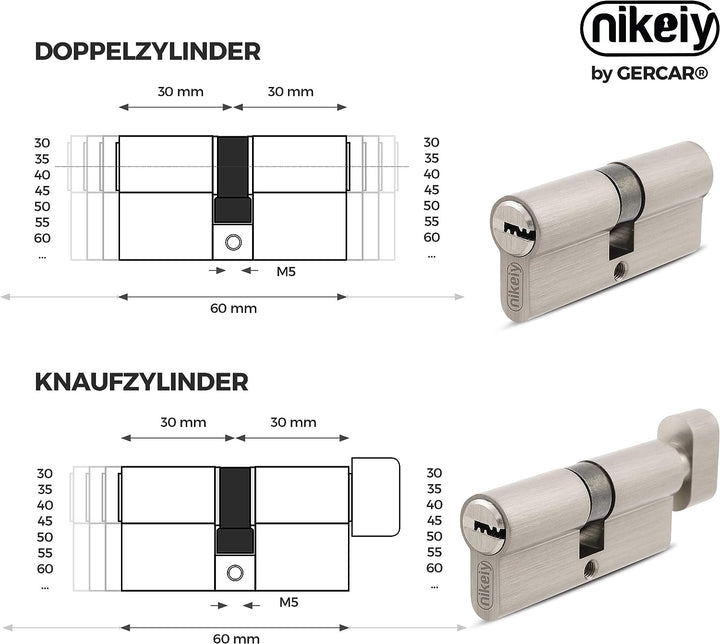 GERCAR Pro Knaufzylinder 30/30 Massiver Schliesszylinder gleichschliessend mit Knauf - 4er Set Zylin