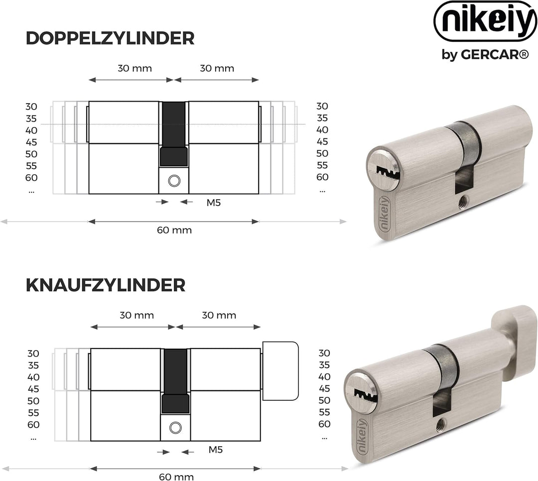 GERCAR Pro 2er Set Knaufzylinder gleichschliessend 80mm Schliesszylinder mit Knauf 40/40 Zylinder -
