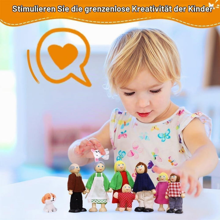 Hölzerne Puppenhaus Puppen Familie Set mit Katze und Hund, 9 Stück Verstellbare Familienpuppen Figur