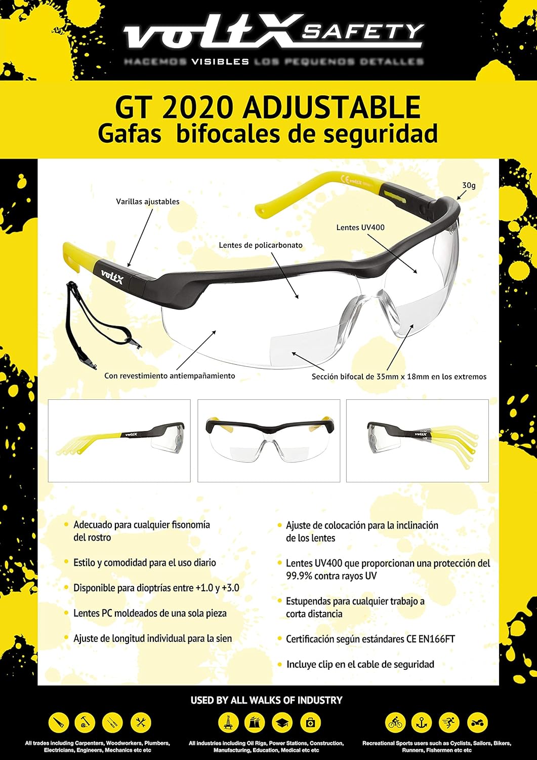voltX 3 x GT Adjustable (2020 Model) Bifokale Lesen Schutzbrille (KLAR +1.0 Dioptrie), Anti-Beschlag