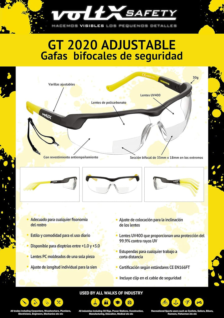 voltX 3 x GT Adjustable (2020 Model) Bifokale Lesen Schutzbrille (KLAR +1.0 Dioptrie), Anti-Beschlag