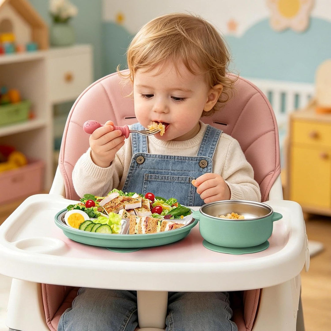 Baby Geschirr Set Edelstahl 4-Teilig Geteilter Babyteller mit Saugnapf, Babyschale Rutschfest mit Gr