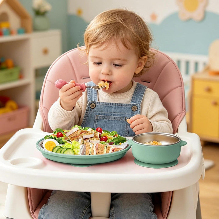 Baby Geschirr Set Edelstahl 4-Teilig Geteilter Babyteller mit Saugnapf, Babyschale Rutschfest mit Gr