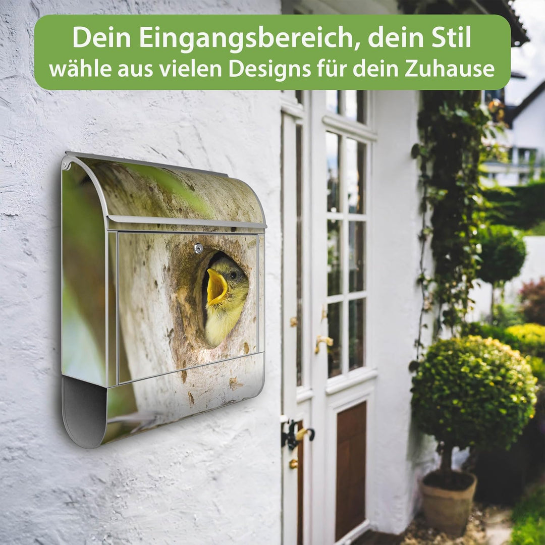 banjado® Design Briefkasten mit Motiv Blaumeise 39x47x14cm &amp; 2 Schlüssel - Briefkasten Stahl Silber
