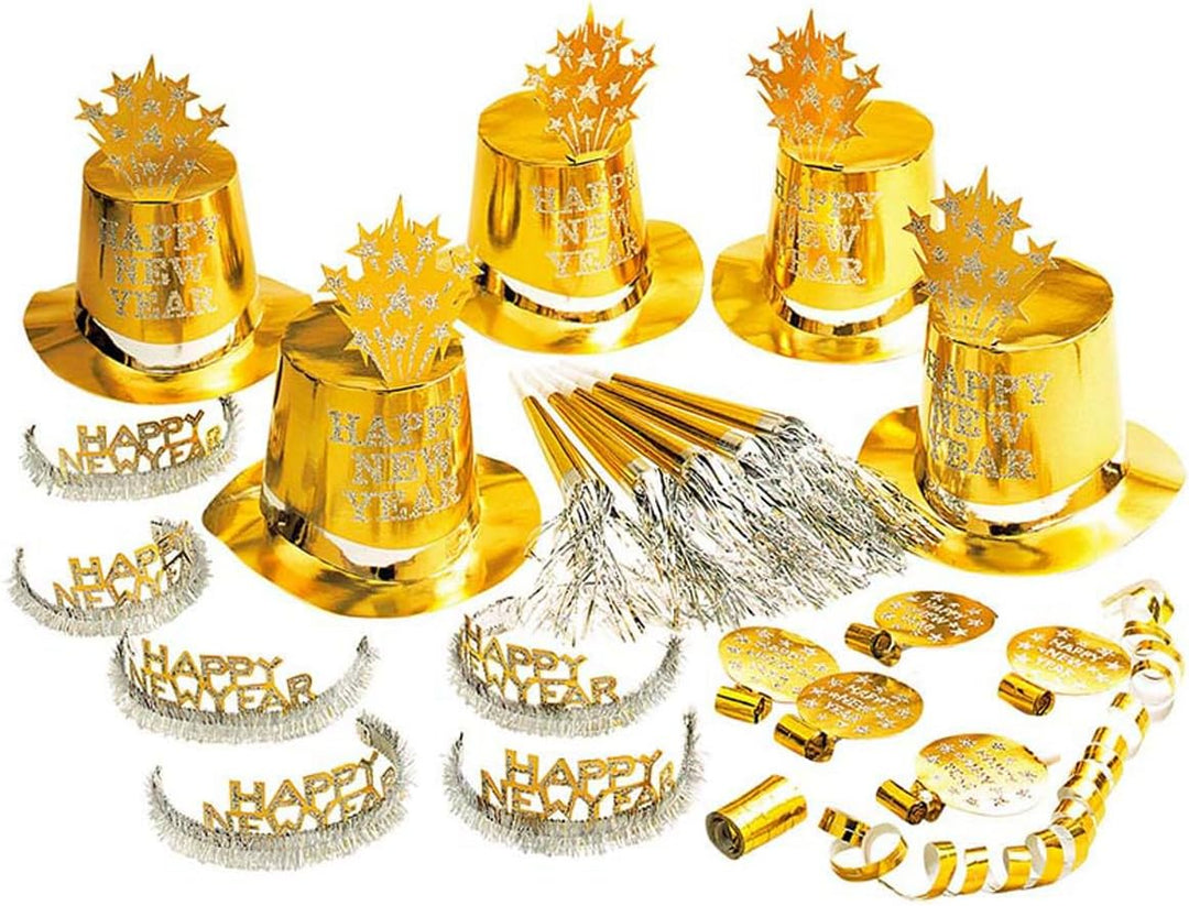 "GOLD HAPPY NEW YEAR PARTY KIT" for 10 persons (5 top hats, 5 crowns,5 sounding trumpets, 5 sounding