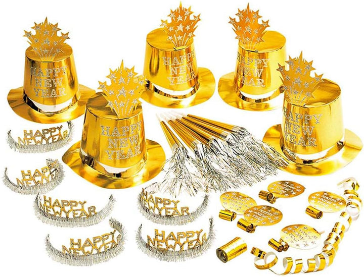 "GOLD HAPPY NEW YEAR PARTY KIT" for 10 persons (5 top hats, 5 crowns,5 sounding trumpets, 5 sounding