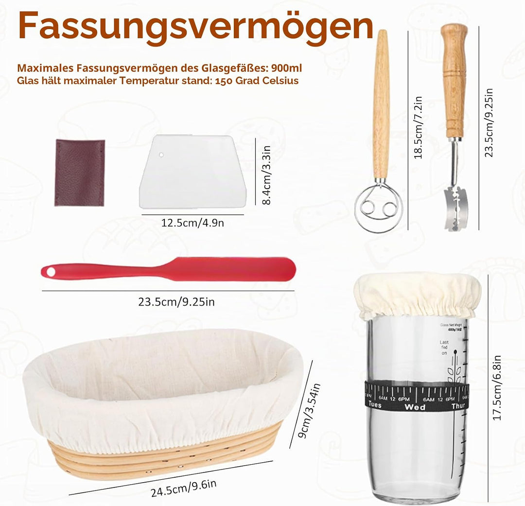 CTDMJ Gärkörbchen 10 Zoll, 7-teilig Sauerteig Brot Gärkorb Set, Sauerteig Starter Set Glas 700ml, 10
