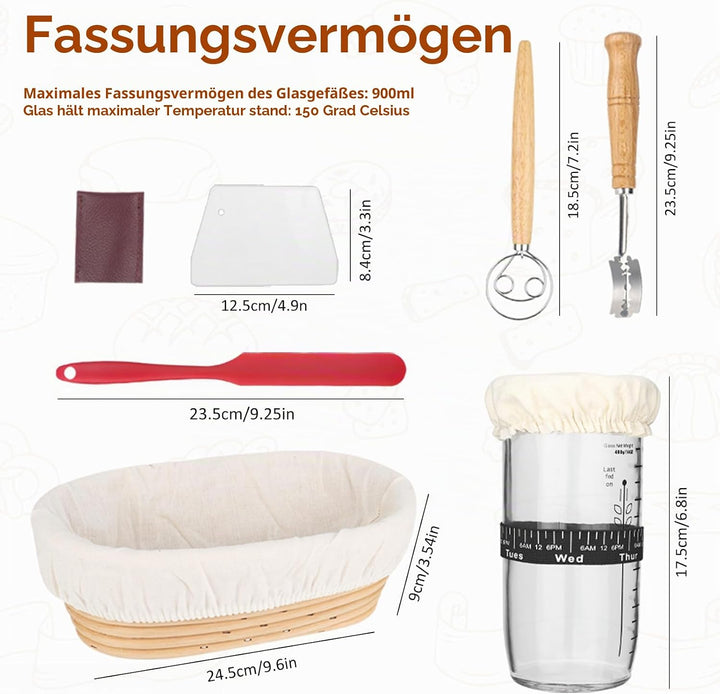CTDMJ Gärkörbchen 10 Zoll, 7-teilig Sauerteig Brot Gärkorb Set, Sauerteig Starter Set Glas 700ml, 10