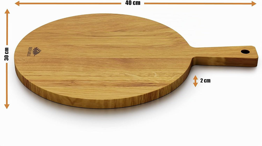 Premium Pizzabrett Eiche 40x30x2 cm - Ca. 30 cm Durchmesser Mit Griff, Antibakteriell & Sonnenblumen