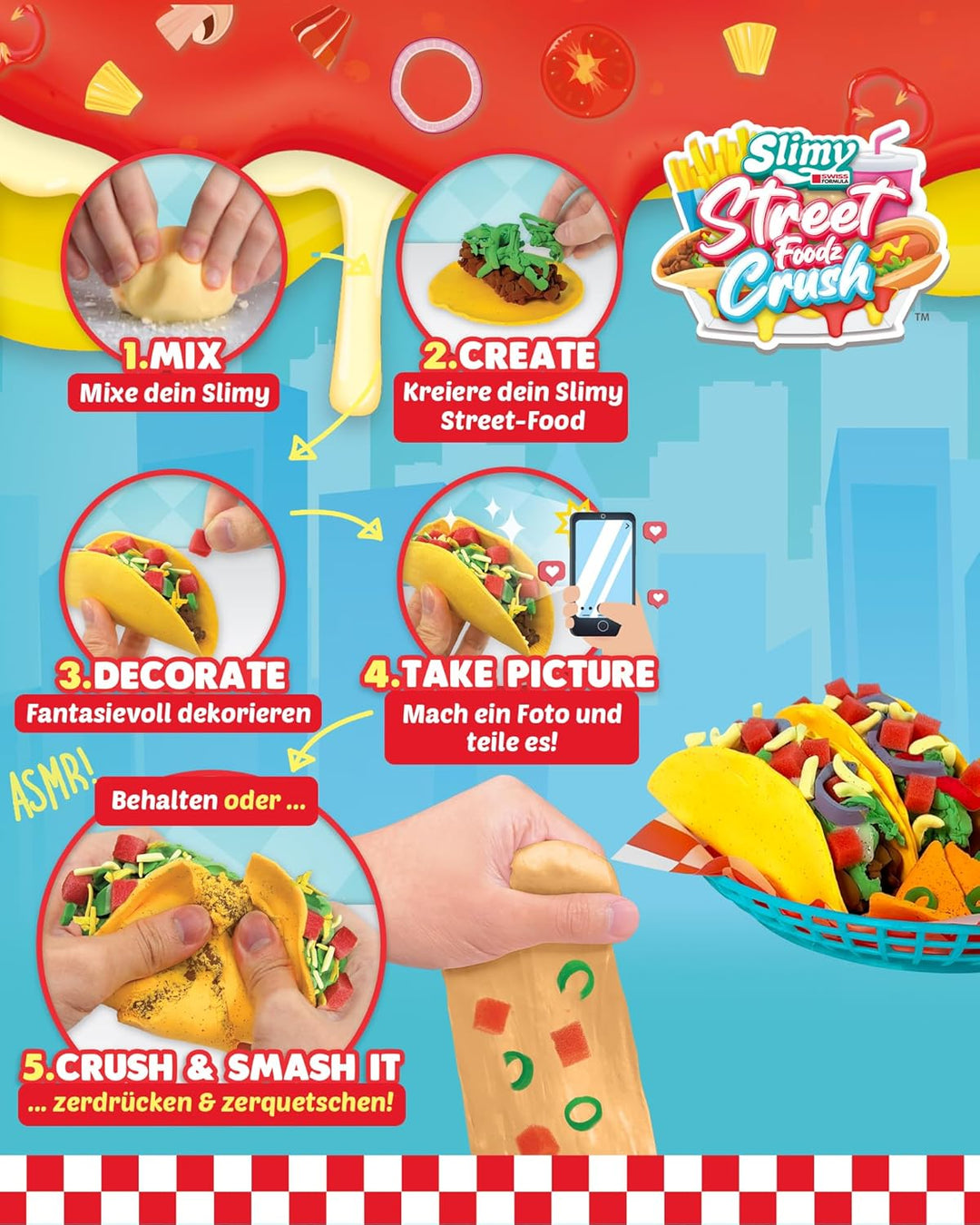 Slimy Street Foodz Crush - Tacooz, Slime und Knete Kreativ-Set, Backspiel zum selber Mischen, Formen