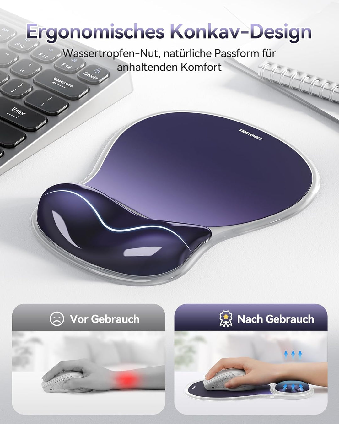 TECKNET Mauspad mit Gel-Handgelenkauflage, Ergonomische Tropfenförmige Vertiefung, Passt &amp; Weich, Wa